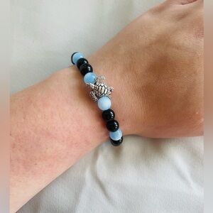 Handmade Silver Sea Turtle Bracelet - Black Glass & Luminous Blue bracelet